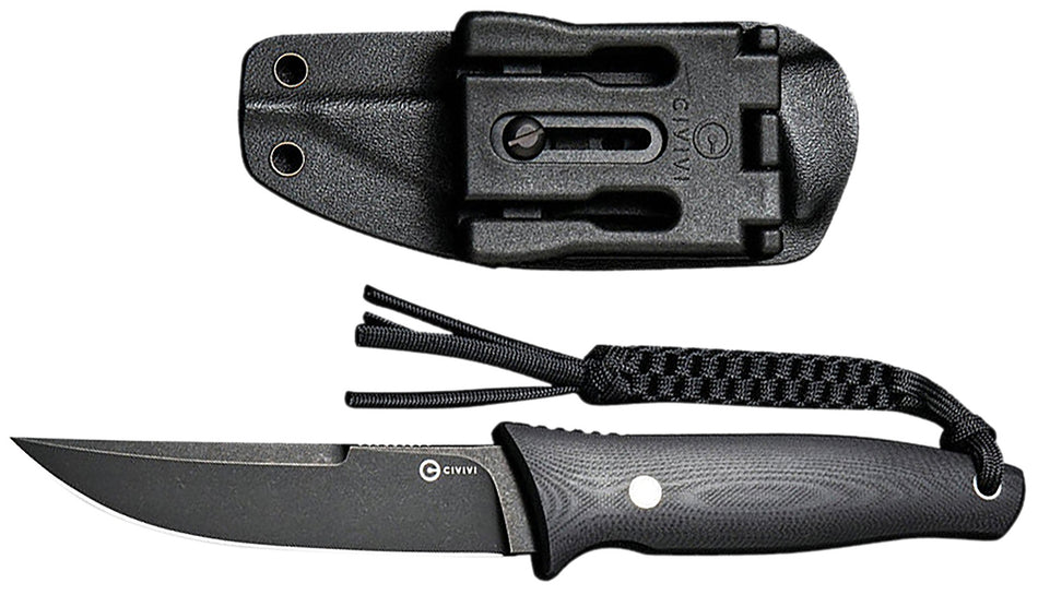 Civivi Tamashii 4.07" Fixed Blade C19046-3 Black Stonewashed D2 Steel Black Textured G10 Handle Paracord Lanyard