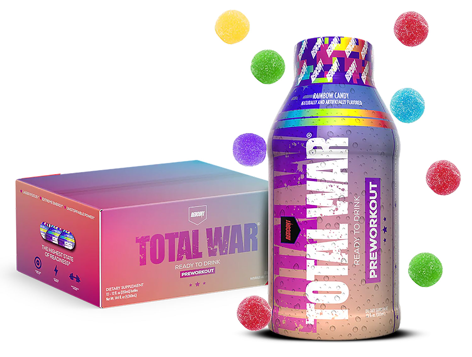 Redcon1 Total War Pre-Workout RTD Drink Rainbow Candy Flavor 12 Pack