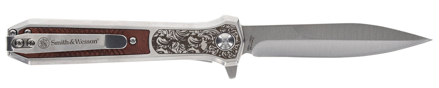 Smith & Wesson Unwavered 3.50" Folding Dagger Stonewashed 8Cr13MoV SS Blade Checkered Rosewood w/Stainless Steel Scales