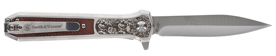 Smith & Wesson Unwavered 3.50" Folding Dagger Stonewashed 8Cr13MoV SS Blade Checkered Rosewood w/Stainless Steel Scales