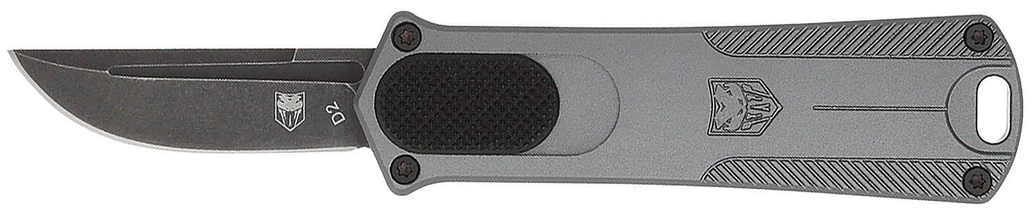 CobraTec California 952 Compliant OTF 1.75" Stonewashed D2 Blade 3" Gray Anodized Aluminum Handle w/Clip