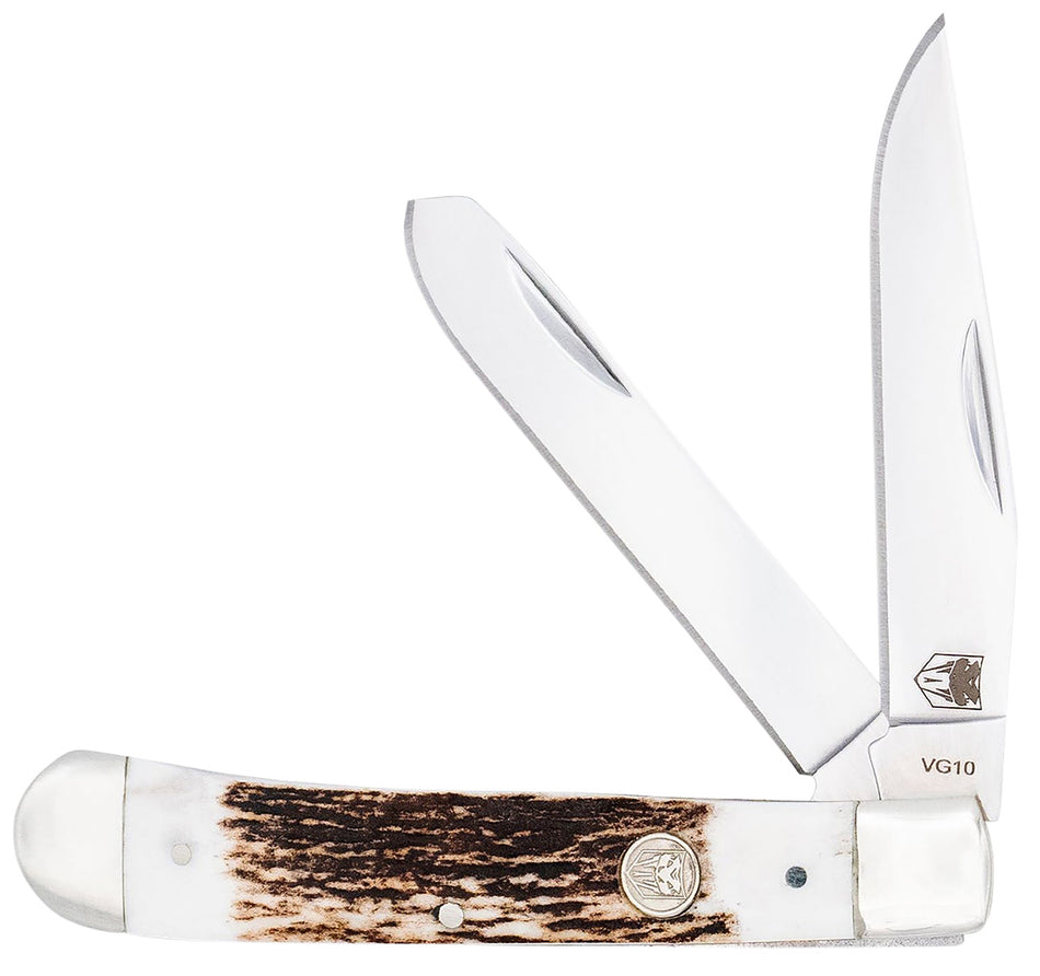 CobraTec Knives Traditional Trapper 2-Blade Folding Knife Polished VG-10 SS Clip Point & Spey, Stag Bone Scales 4.44" Handle