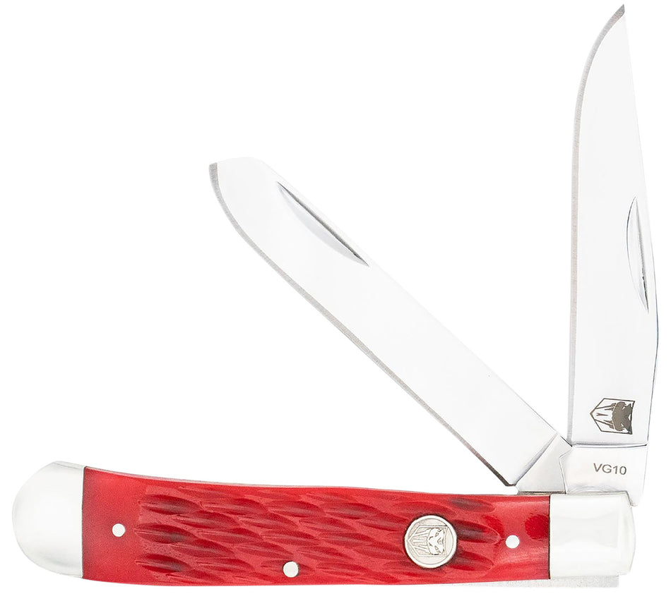 CobraTec Knives Traditional Trapper 2-Blade Folding Knife Polished VG-10 SS Clip Point & Spey, Red Bone Scales 4.44" Handle