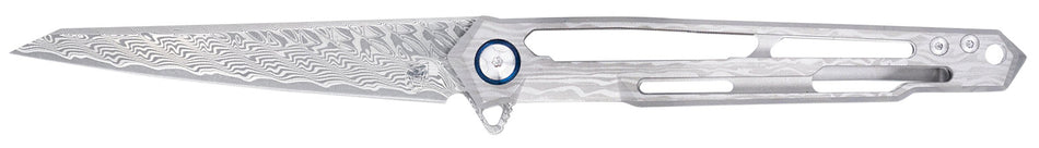 CobraTec Knives Ghost 3.88" Folding Damascus Wharncliffe Blade, 4.94" Cut Out Titanium Handle Glass Breaker & Lanyard Loop
