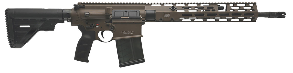 HK 81001206 MR762 A4 7.62x51mm 10+1 16.50" Black Threaded Barrel, Patriot Brown Picatinny Rail Receiver, M-LOK Handguard, 6 Position Black Synthetic Stock, Black Finger Grooved Grip, Ambidextrous