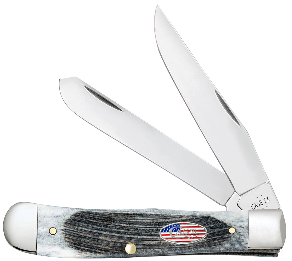 Case 53060 Folding Trapper Stars & Stripes Knife, Tru-Sharp SS Clip & Spey Blades, Jigged Gray Bone Handle