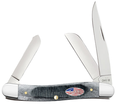 Case 53061 Medium Stockman Stars & Stripes Knife, Clip/Pen/Sheepsfoot Blades, American Flag Shield Gray Bone Handle