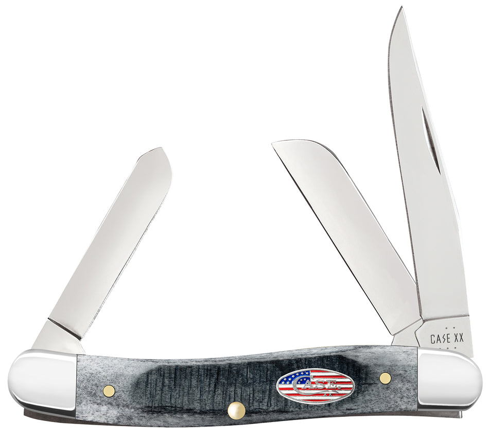 Case 53061 Medium Stockman Stars & Stripes Knife, Clip/Pen/Sheepsfoot Blades, American Flag Shield Gray Bone Handle