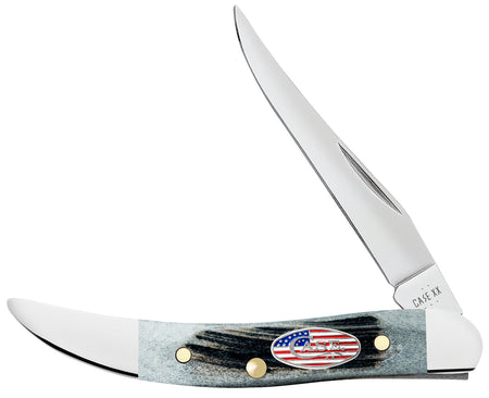 Case 53064 Small Texas Toothpick Stars & Stripes Folding Knife, Tru-Sharp SS Clip Blade, Jigged Gray Bone Handle