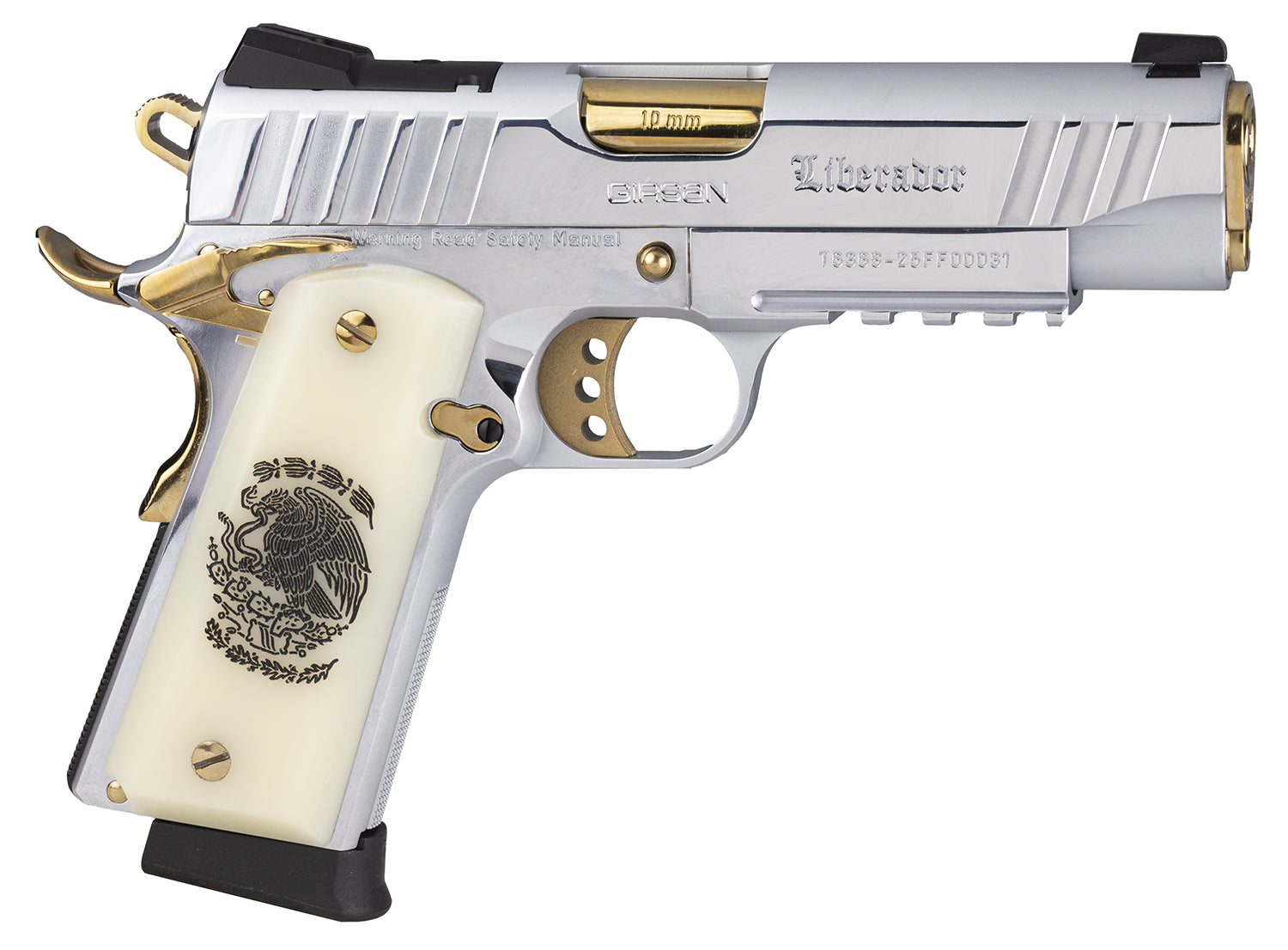 Girsan 391620 MC1911 C Liberador Compact 10mm Auto 4.40" Polished Gold PVD Barrel, Polished Chrome w/Gold Controls Serrated slide & Frame w/Beavertail & Picatinny Rail, Pearl Grip