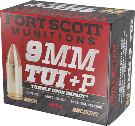 Fort Scott Munitions Tumble Upon Impact (TUI) +P 9mm Luger / Parabellum 80 grain Solid Copper Spun ammunition