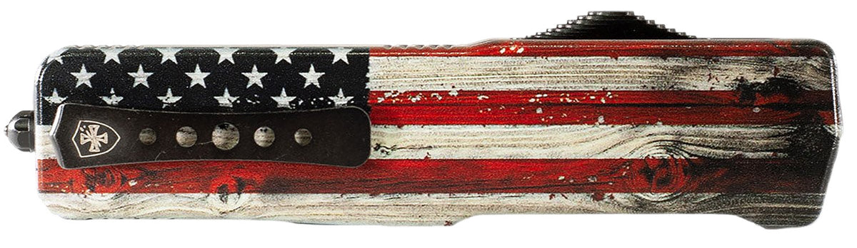 Templar Knife Premium Weighted Small OTF Dagger 3" D2 Steel Blade, Painted Wood Grain US Flag Aluminum Handle 4.50"