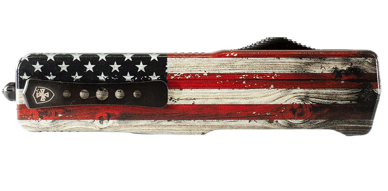Templar Knife Premium Weighted 3" OTF Tanto Part Serrated Stonewashed D2 Steel Blade, 4.50" Wood Grain US Flag Aluminum Zinc Alloy Handle