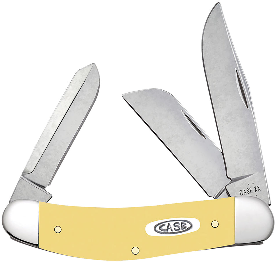 Case 30118 Folding Sowbelly Knife, Mirror Polished Tru-Sharp SS Clip/Sheepsfoot/Spey Blades, Yellow Synthetic Handle
