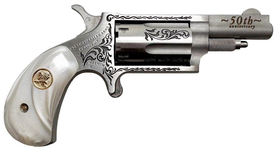 North American Arms 22M50 50th Anniversary 22 Mag 5 Shot 1.63" Matte Stainless w/"50th Anniversary" & Scroll Engraving, White Pearl Grip, Exposed Hammer