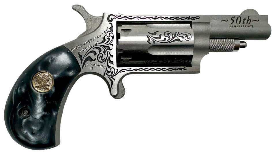 North American Arms 22M50B 50th Anniversary 22 Mag 5 Shot 1.63" Matte Stainless w/"50th Anniversary" & Scroll Engraving, Black Pearl Grip, Exposed Hammer