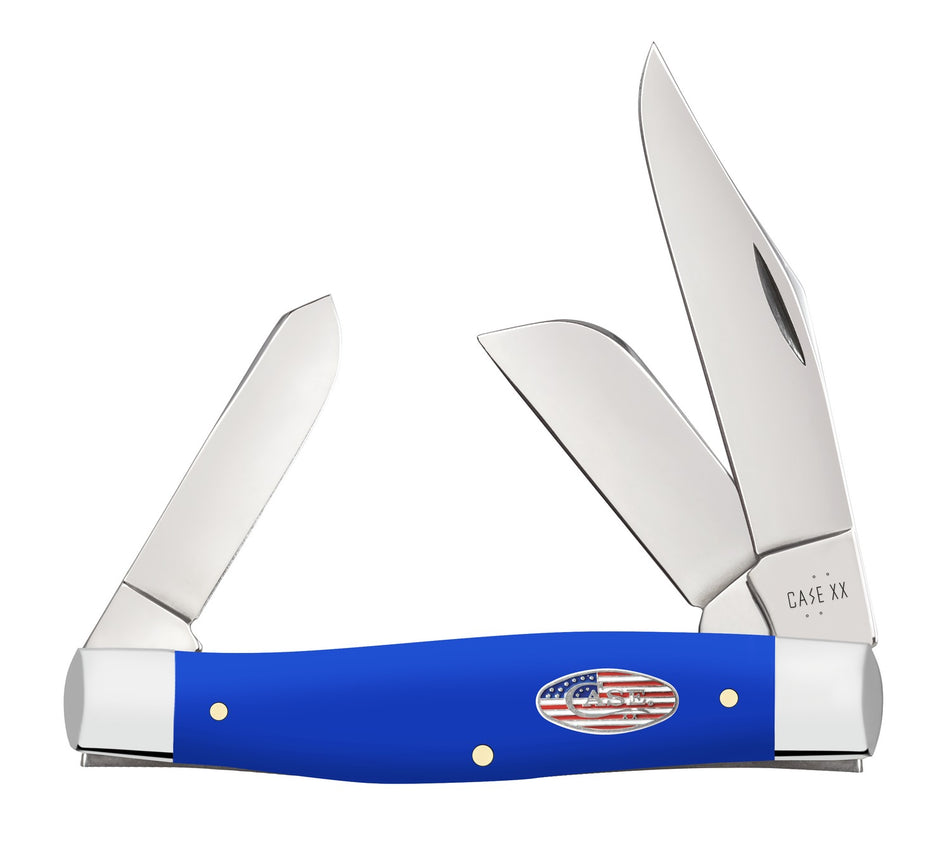 Case 16405 Large Stockman Pocket Knife with Tumble Polished Carbon Steel Clip, Sheepsfoot and Spey Blades, Royal Blue Handle