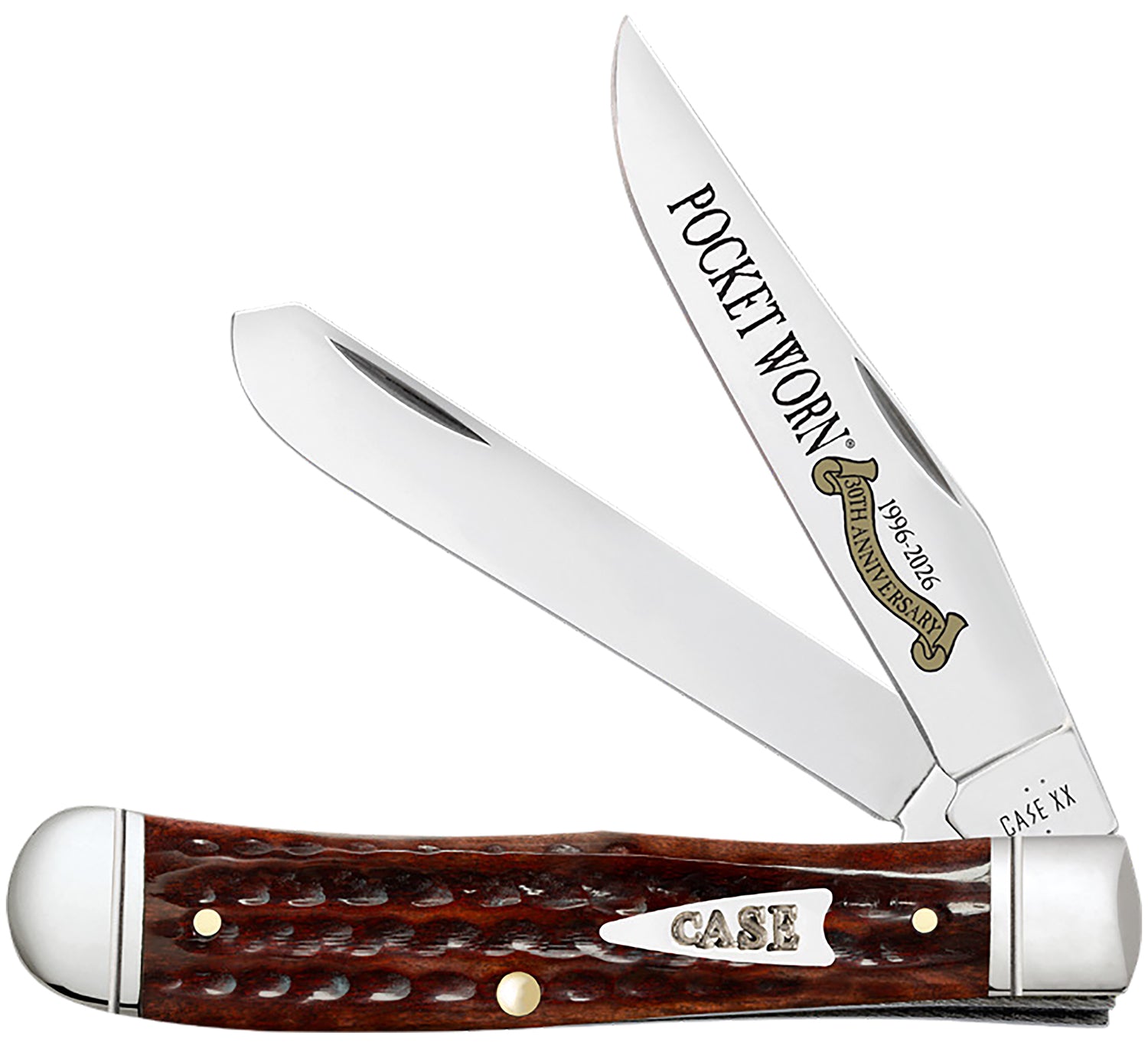 Case 55230 Pocket Worn Trapper Folding Knife with Mirror Polished Tru-Sharp SS Blades, Jigged Mahogany Bone Handle