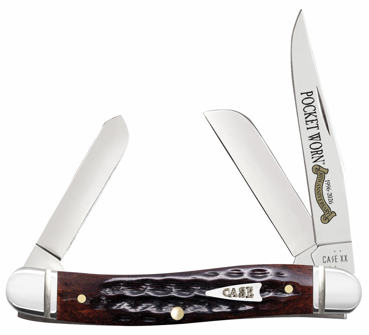 Case 55232 Medium Stockman Pocket Worn Folding Knife with Tru-Sharp SS Clip, Pen and Sheepsfoot Blades, Jigged Mahogany Bone Handle