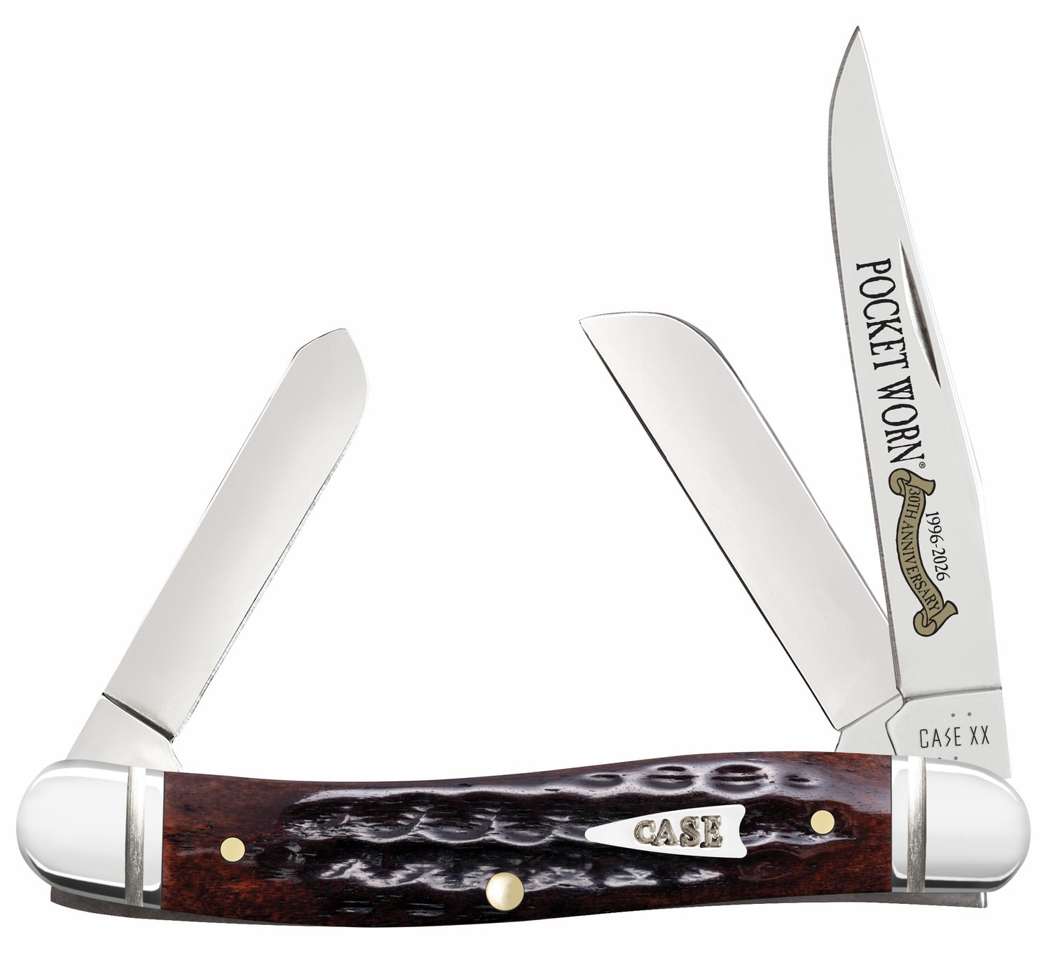 Case 55232 Medium Stockman Pocket Worn Folding Knife with Tru-Sharp SS Clip, Pen and Sheepsfoot Blades, Jigged Mahogany Bone Handle
