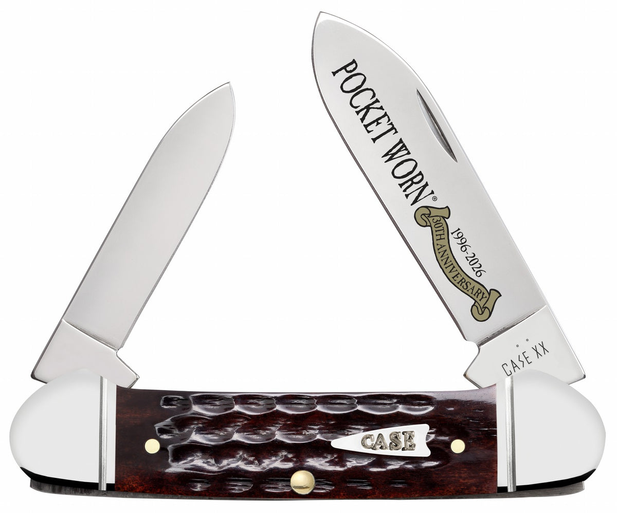 Case 55235 Pocket Worn Canoe Folding Knife with Tru-Sharp SS Pen and Spear Blades, Jigged Mahogany Bone Handle