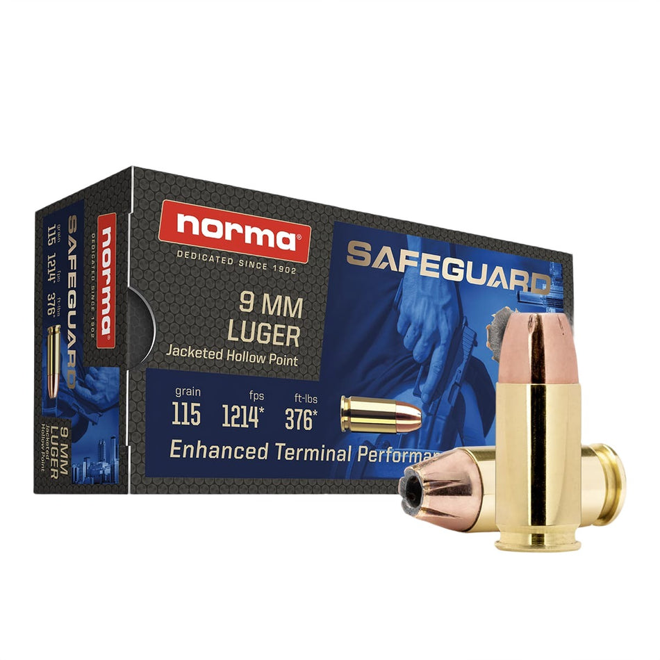 Norma Safeguard 9mm Luger / Parabellum 115 grain Jacketed Hollow Point ammunition