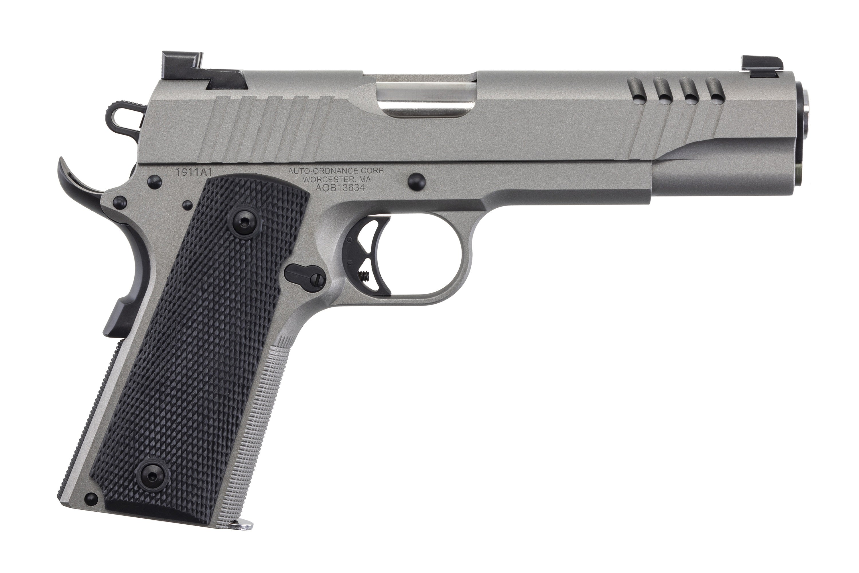Auto-Ordnance 1911TCAC6N 1911 A1 45 ACP 7+1 5" Savage Silver Cerakoate, Serrated/Ported Slide, Black Rubber Grips, TruGlo Night Sights