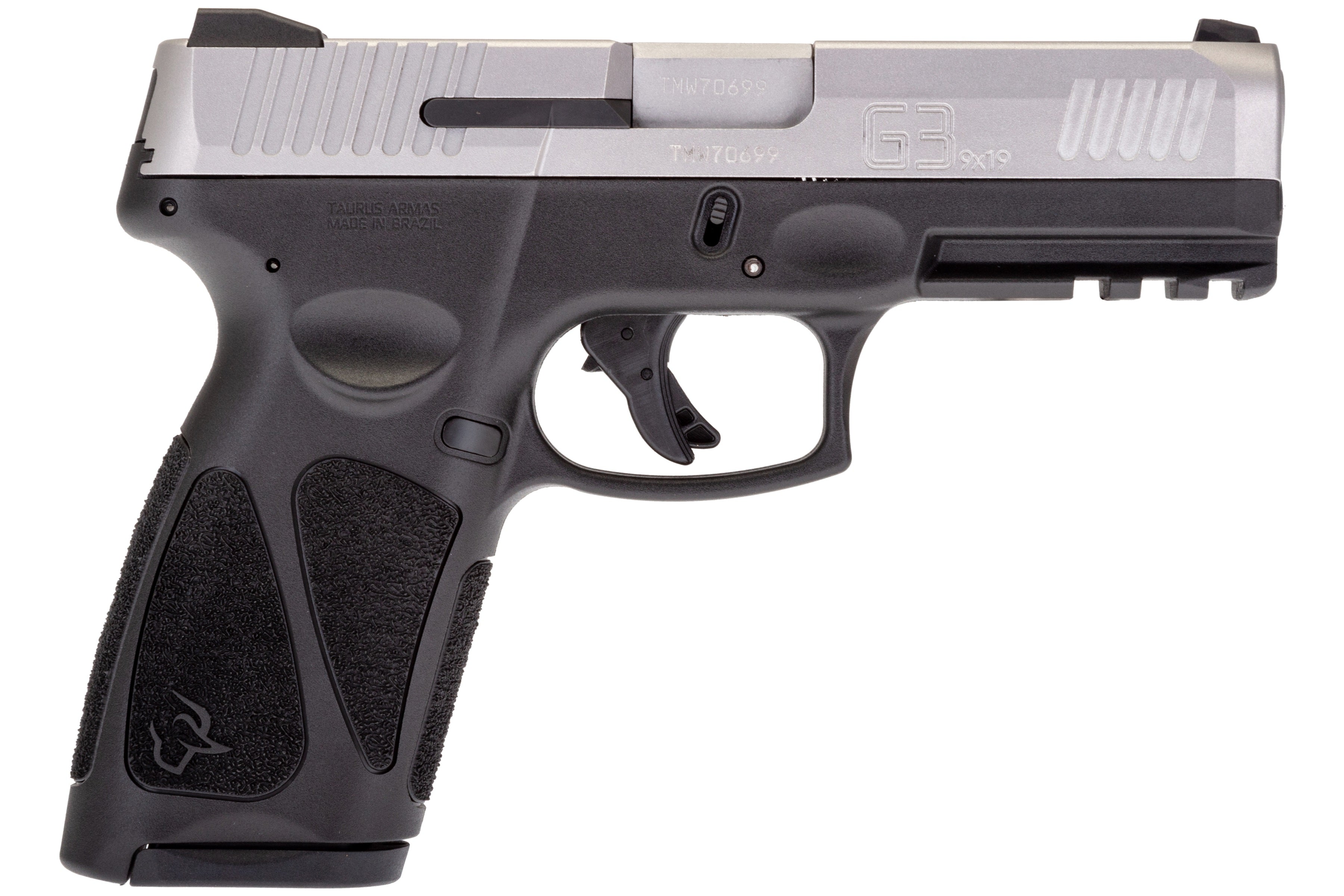 Taurus 1G3B949 G3 Full Size Frame 9mm Luger 15+1/17+1 4" Matte Stainless Steel Barrel, Matte Serrated Stainless Steel Slide, Black Polymer Frame w/Picatinny Rail, Black Polymer Grip, Right Hand