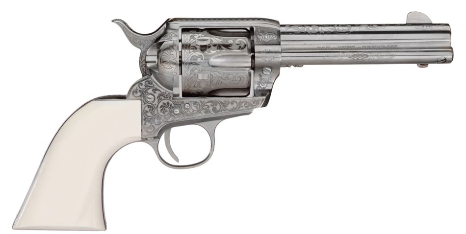 Taylors & Company 200057 1873 Cattleman Outlaw Legacy 45 Colt (LC) Caliber with 4.75" Barrel, 6rd Capacity Cylinder, Overall Nickel Engraved Finish Steel & Ivory Synthetic Grip