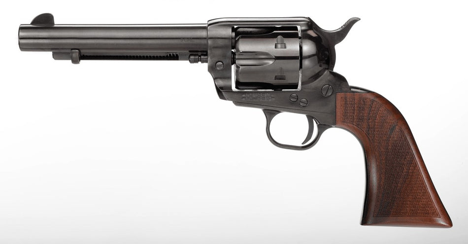 Taylors & Company 200108 1873 Pietta 9mm Luger 6 Shot 5.50" Blued Round Barrel, Blue Cylinder & Steel Frame, Walnut Checkered Army Style Grip, Manual Safety, Exposed Hammer