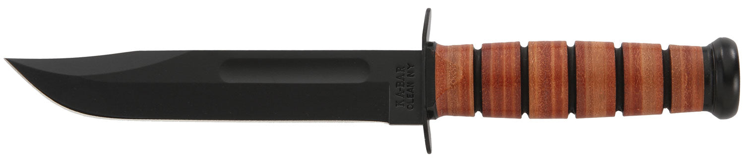 Ka-Bar 1217 USMC Fight/Utility 7" Plain Black 1095 Cro-Van Fixed Blade, Brown Leather Handle, Sheath Included