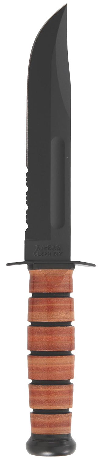 Ka-Bar 1218 USMC Fight/Utility 7" Part Serrated Black 1095 Fixed Blade, Brown Stacked Leather Handle w/ Sheath