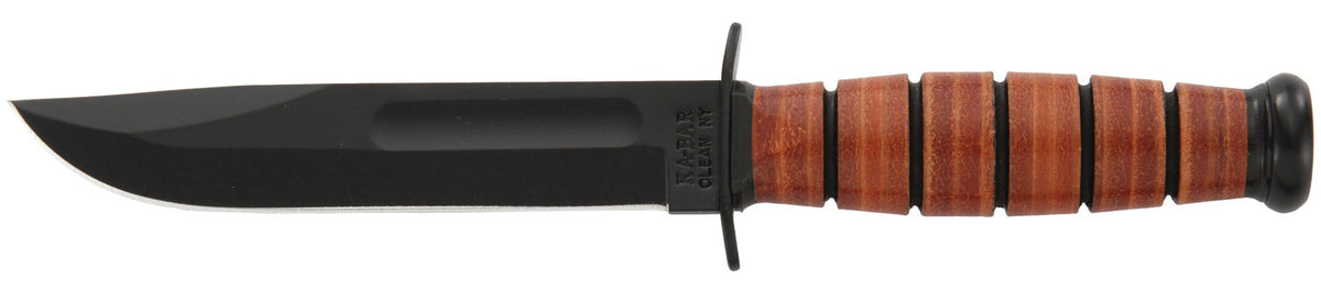 Ka-Bar 1250 Short USMC 5.25" Plain Black 1095 Cro-Van Fixed Blade, Brown Stacked Leather Handle, Sheath Included