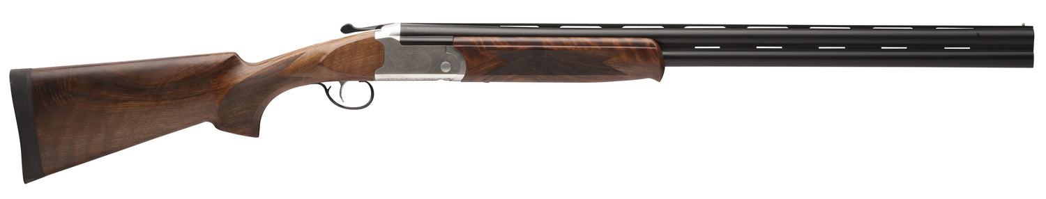 Stevens 22593 555 E Full Size 20 Gauge Break Open 3" 2rd 26" Black Satin Vent Rib Barrel, Engraved Satin Silver Aluminum Receiver, Fixed Satin Turkish Walnut Stock, Ambidextrous