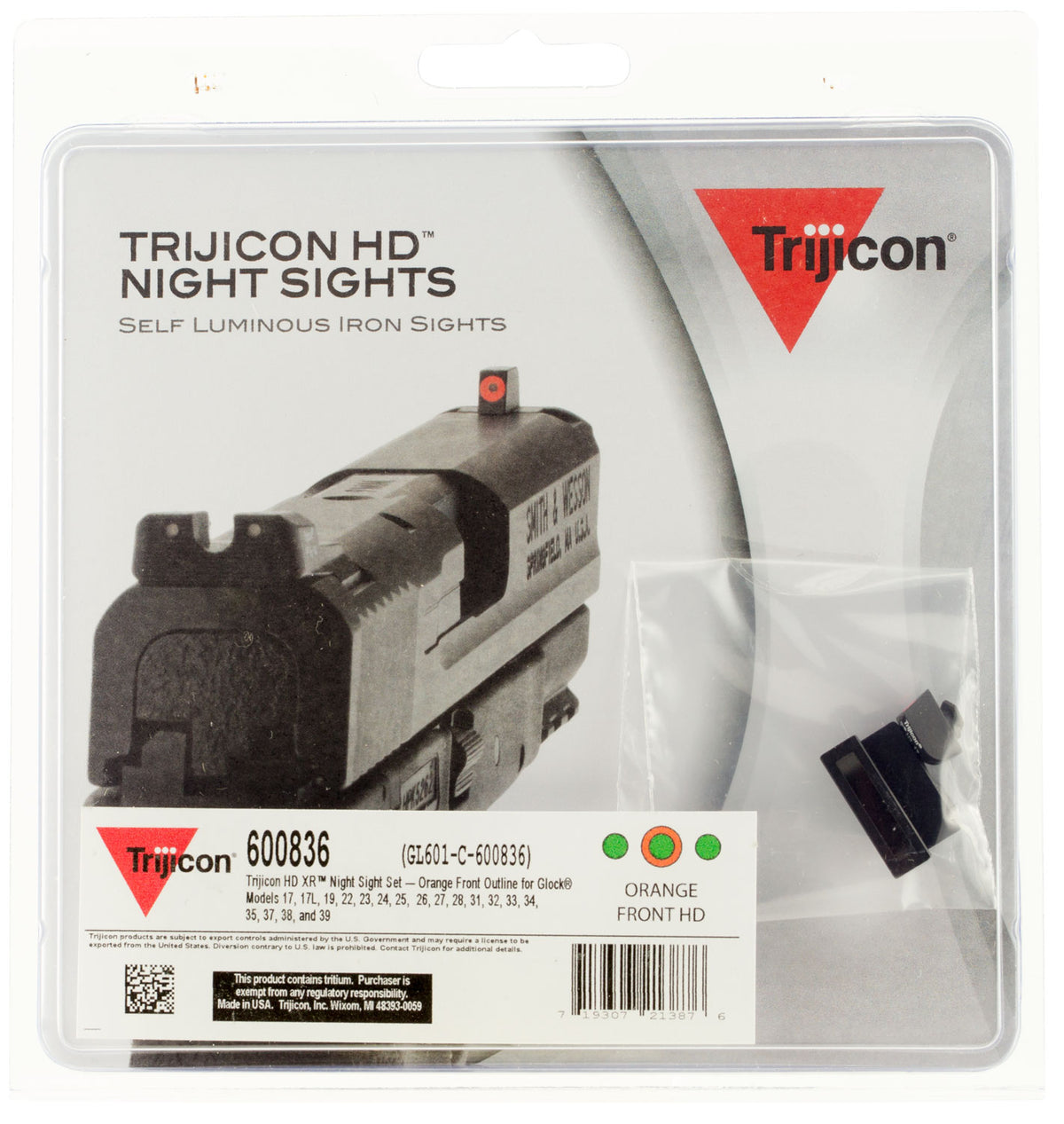 Trijicon 600836 Glock 17/17L/19/22 Night Sight Set HD XR Green Tritium Orange Outline Front