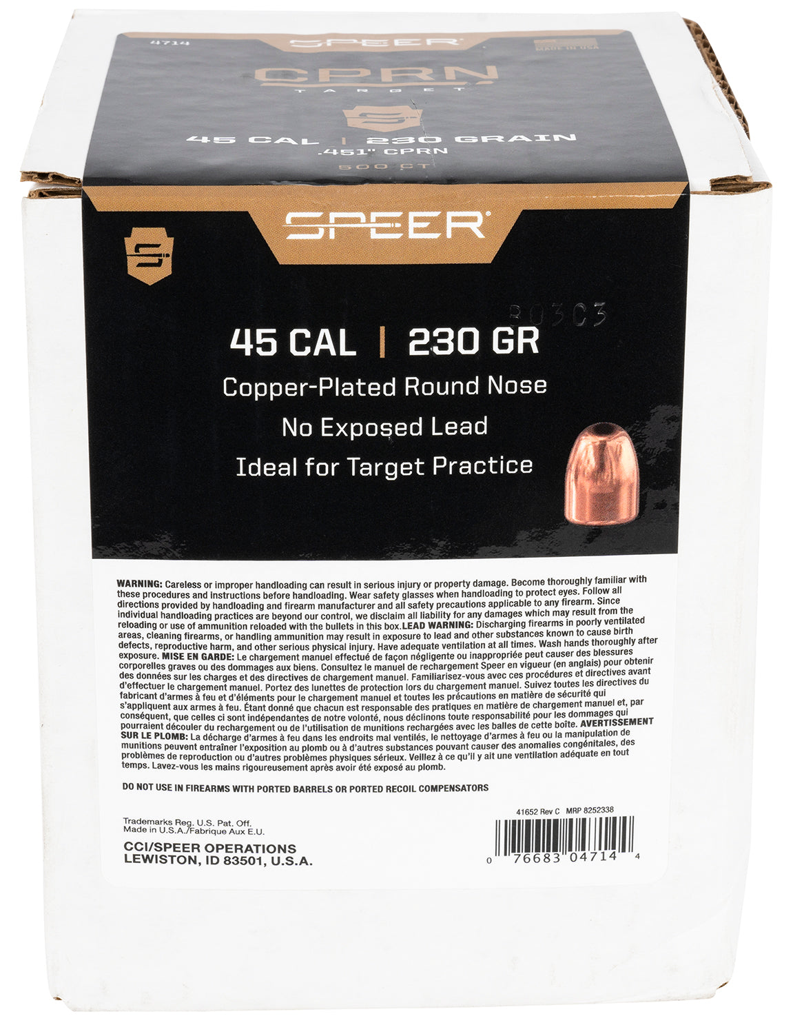 Speer 4714 Plinker 45 Cal 230gr Round Nose Handgun Bullets 500 Per Box