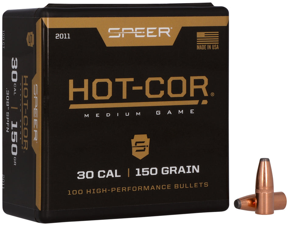 Speer 2011 Hot-Cor 30 Cal 150gr Soft Point Flat Nose Rifle Bullets 100 Per Box