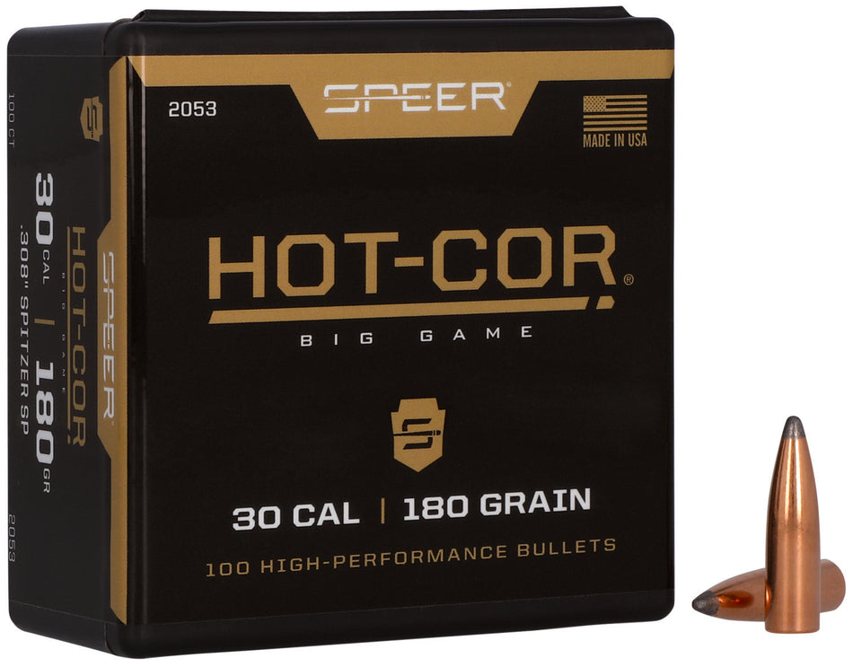 Speer 2053 Hot-Cor 30 Cal 180gr Spitzer Soft Point Rifle Bullets 100 Per Box
