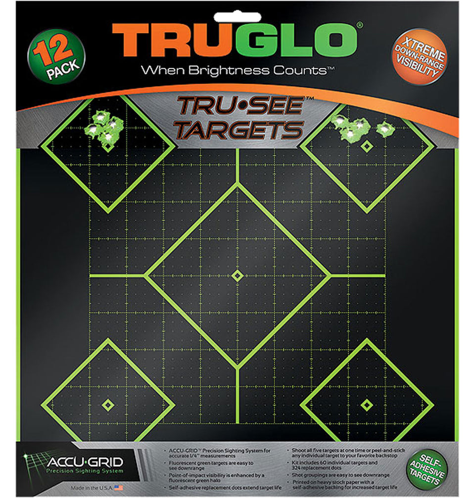 TruGlo TG14A12 Tru-See Self-Adhesive Green Halo 5-Diamond Paper Shooting Targets 12 Pack