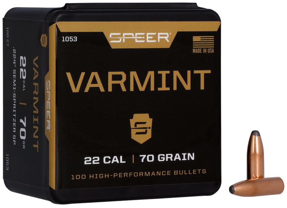 Speer 1053 Varmint 22 Cal 70gr Jacketed Soft Point Bullets 100/Box