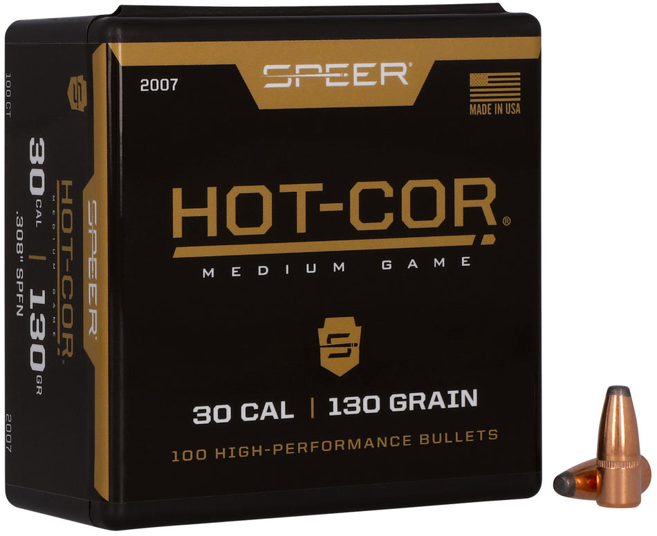 Speer 2007 Hot-Cor 30 Cal 130gr Soft Point Flat Nose Bullets 100/Box