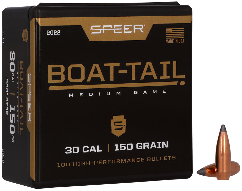 Speer 2022 Boat-Tail 30 Cal 150gr Jacketed Soft Point BT Bullets 100/Box