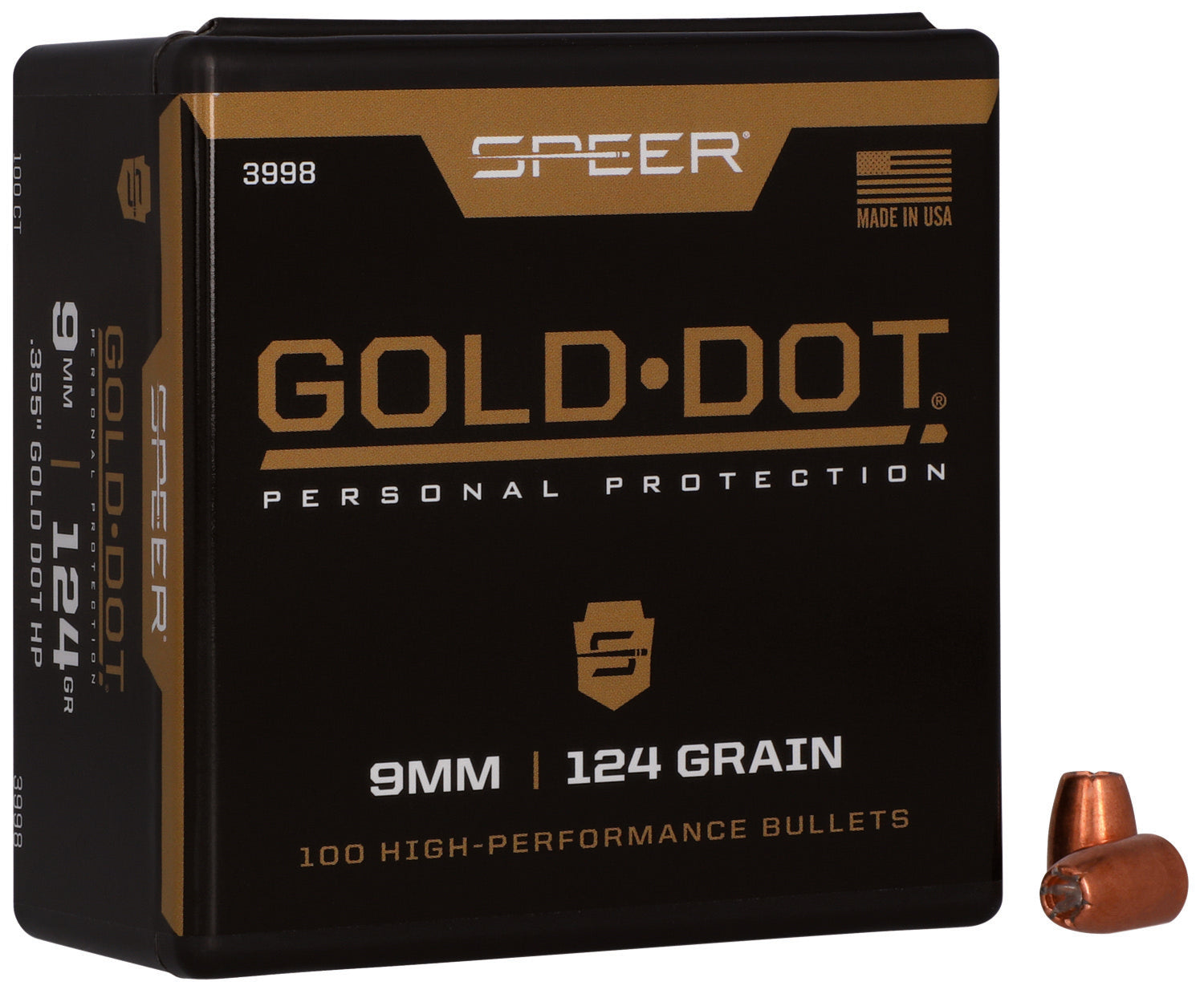 Speer 3998 Gold Dot 9mm 124gr Hollow Point Reloading Bullets 100/Box