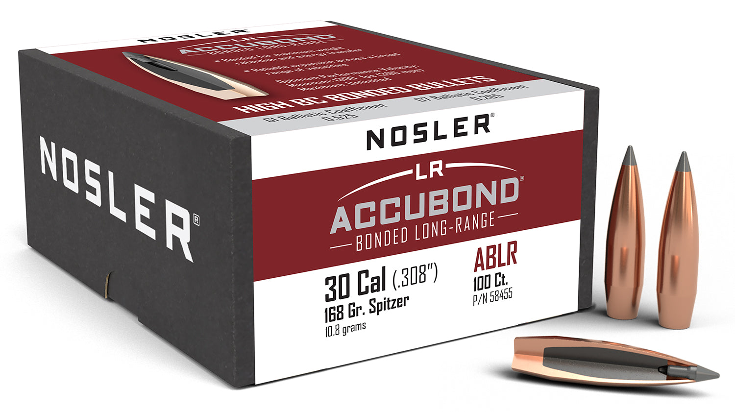 Nosler 58455 AccuBond Long Range 30 Cal 168gr Spitzer Point Boat Tail Bullets 100/Box