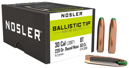 Nosler 30181 Ballistic Tip 30 Caliber 220gr Round Nose Hunting Bullets 50/Box