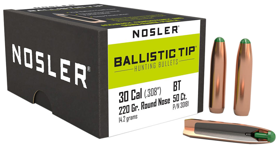 Nosler 30181 Ballistic Tip 30 Caliber 220gr Round Nose Hunting Bullets 50/Box