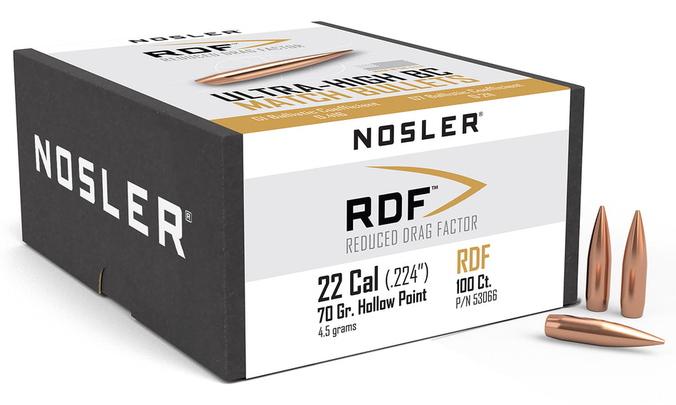 Nosler 53066 RDF Match 22 Cal 70gr Hollow Point Boat Tail Bullets 100/Box