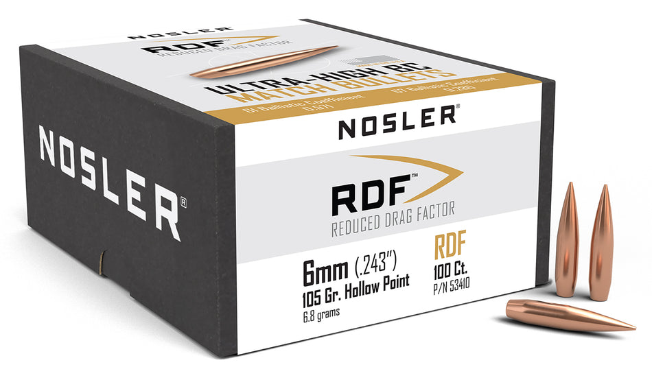 Nosler 53410 RDF Match 6mm 105gr Hollow Point Boat Tail Bullets 100/Box