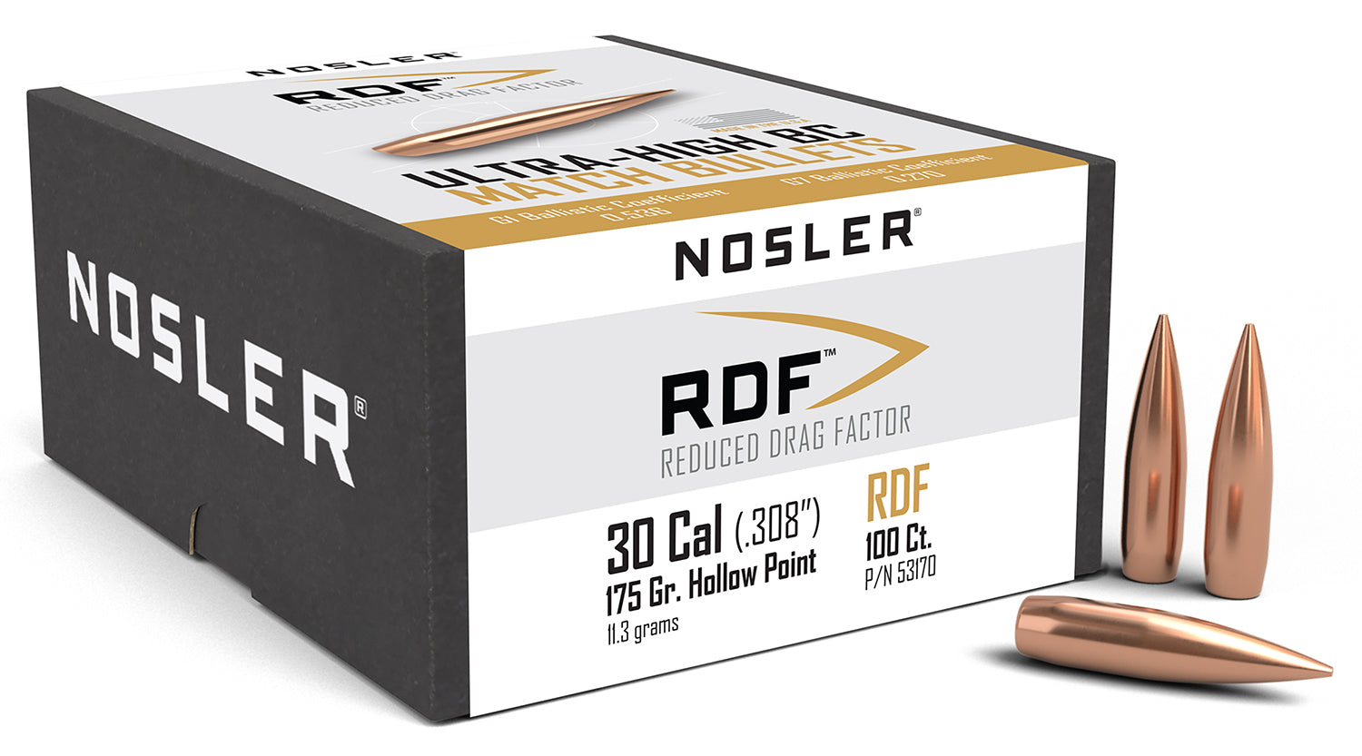 Nosler 53170 RDF Match 30 Cal 175gr Hollow Point Boat Tail Bullets 100/Box
