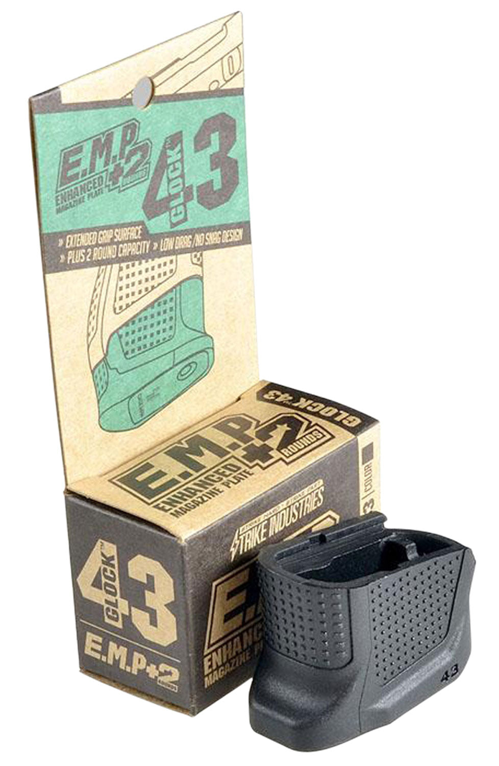 Strike Industries Enhanced Magazine Base Plate for Glock 43, Black Polymer, +2 Round Capacity